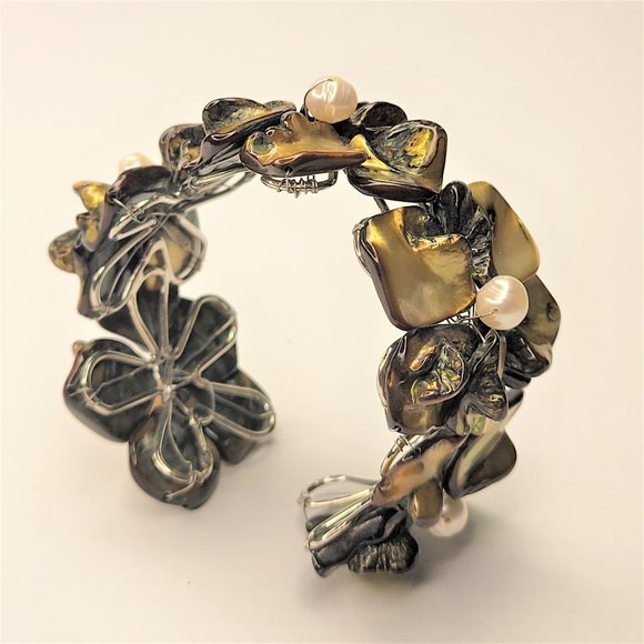 Olive Green Cuff Pearl Adjustable Cuff Bangle Bracelet- NEW - Picture 6 of 10